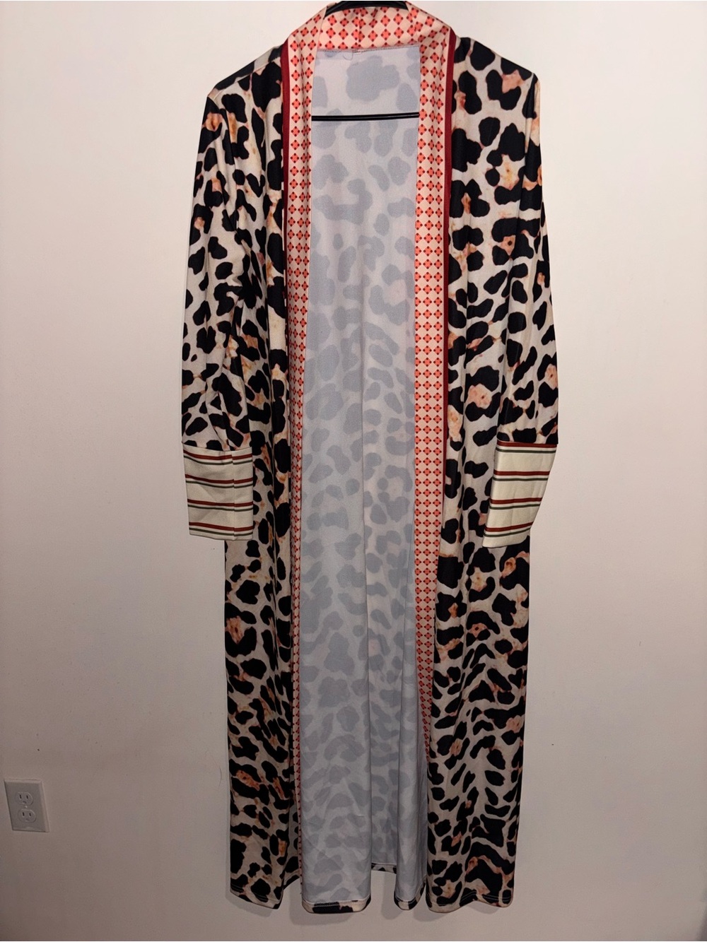 Leopard Print Long Open Cardigan with Contrast Trim - Beige/Black
